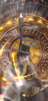 Steampunk time traveler sits before an ornate golden clock.