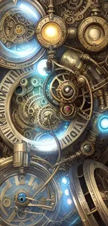 Detailed steampunk clockwork art design wallpaper featuring gears and vintage elements.