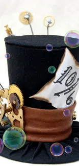 Steampunk top hat with gears and vintage elements on a white background.