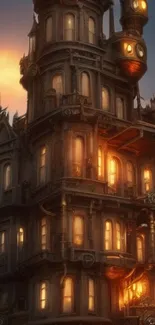 Steampunk tower with warm sunset glow, perfect for a unique mobile wallpaper.