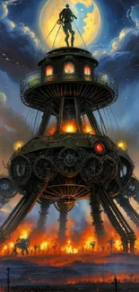 Steampunk tower under a glowing moon with vibrant burning colors.