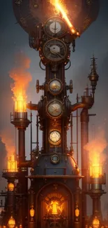 Steampunk tower with clocks and fiery lights, set against a dark backdrop.