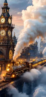 Steampunk train travels through a cloudy fantasy landscape.