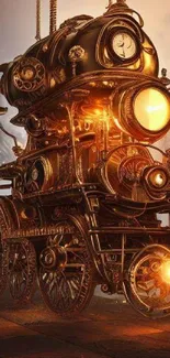 Steampunk train fantasy art with glowing bronze tones.