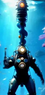 Underwater steampunk diver amid colorful corals.