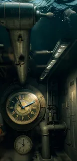 Steampunk scene with vintage clocks and pipes underwater.