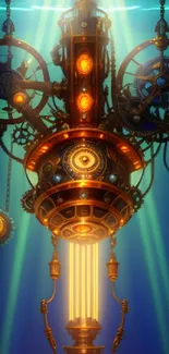 Steampunk underwater scene featuring complex gears and vibrant colors.