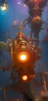 Steampunk underwater fantasy art wallpaper with mechanical details.