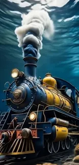 Steampunk train traveling underwater with clouds of steam.
