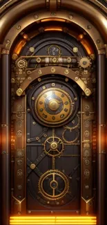 Intricate steampunk vault door with gears and metallic texture.