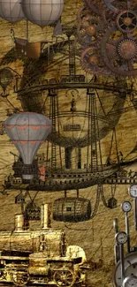 Steampunk airship with gears and vintage design elements on a brown background.