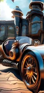 Steampunk vintage car with ornate design in a fantasy setting.