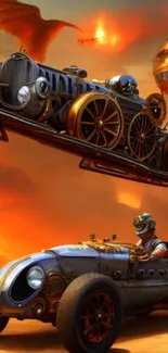 Steampunk illustration of vintage racing cars under a vibrant orange sunset.