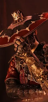 Steampunk warrior in intricate dark red armor with a vintage aesthetic.