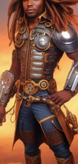 Steampunk warrior in intricate armor, vibrant orange backdrop.