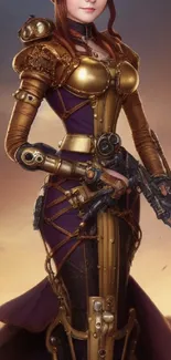 Steampunk female warrior with brass and gold armor in a fantasy setting.