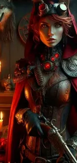 Steampunk warrior girl with red cloak, intricate armor, and a dark, mysterious setting.