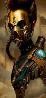 Steampunk warrior in metallic armor with gears and intricate details.