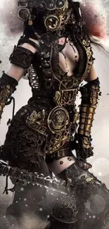 Steampunk warrior with gears in fantasy setting.