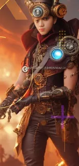 Steampunk warrior in intricate attire with a fiery backdrop.