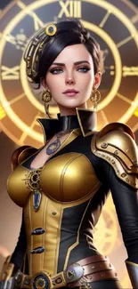 Steampunk warrior with clock backdrop and elegant gold attire.