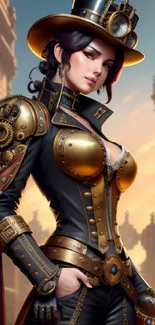 Steampunk warrior in detailed armor with a vibrant color palette.