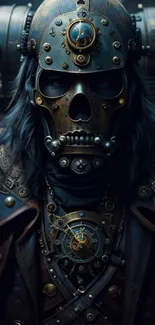 Steampunk warrior in a detailed mechanical mask.