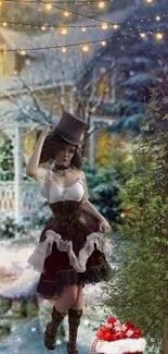 Steampunk lady in winter scene with festive lights and greenery.