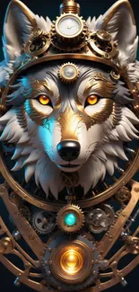 Steampunk wolf with gears and gold accents in HD wallpaper.