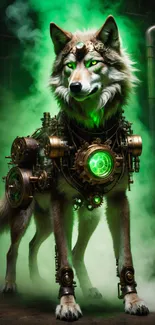 Steampunk wolf with green mechanical design and vibrant background.