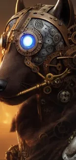 Steampunk wolf warrior with gears and bronze details in fiery background.