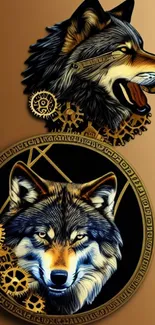 Steampunk wolf design with gears on mobile wallpaper.