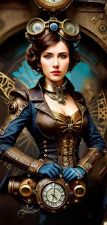 Steampunk woman with clockwork gears art wallpaper.