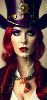 Steampunk woman in top hat, vibrant colors, vintage style art.