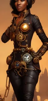 Steampunk woman in intricate attire with a mystical background.