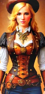 Steampunk woman in Victorian attire with gears and clockwork design.