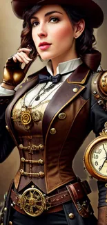 Steampunk woman in detailed attire with clockwork elements.