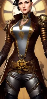 Steampunk woman in brown outfit with clockwork details.