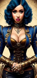 Steampunk woman with blue hair in a gold and blue outfit.