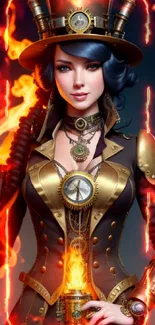 Steampunk woman with fiery flames and intricate gear art.