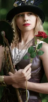 Steampunk woman holding a red rose with forest background.