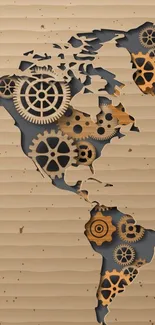 Steampunk world map with intricate gears on phone wallpaper.