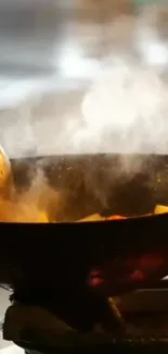 A steamy cooking scene with a ladle over a wok, capturing kitchen artistry.