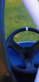 A steering wheel with blue accents and white bars against a green background.