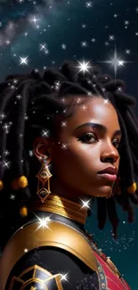 Artistic portrait of a woman with stars in a cosmic setting.