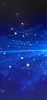 Blue cosmic waves and glowing particles in abstract space design.