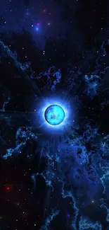 Blue cosmic burst wallpaper with starry background.