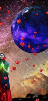 Woman under a blue planet with floating red hearts in a cosmic scene.