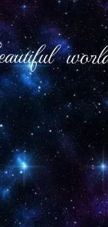 Blue galaxy with stars and 'beautiful world' text.