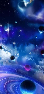 Vibrant galaxy wallpaper with stars and planets in blue hues.